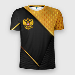 Мужская спорт-футболка Герб России на черном фоне с золотыми вставками