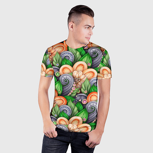 Мужская спорт-футболка Объемные лепестки цветов и листья / 3D-принт – фото 3