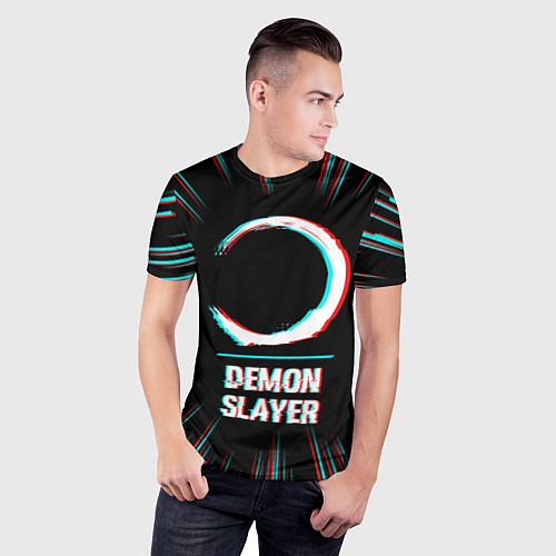 Мужская спорт-футболка Символ Demon Slayer в стиле glitch на темном фоне / 3D-принт – фото 3