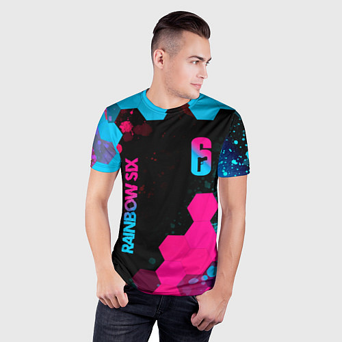 Мужская спорт-футболка Rainbow Six - neon gradient: надпись, символ / 3D-принт – фото 3