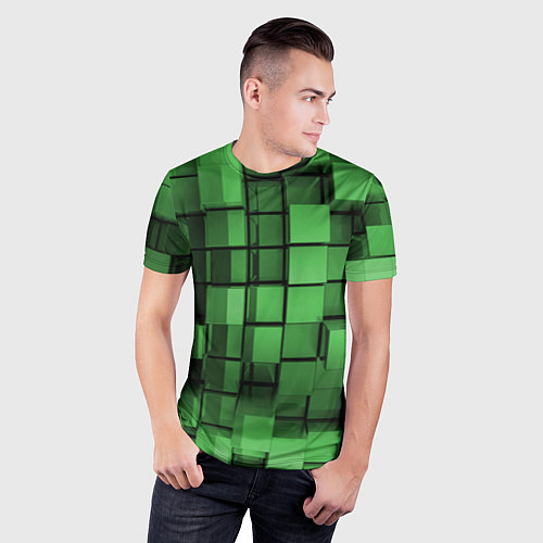 Мужская спорт-футболка Киберпанк броня - Зелёный металлические кубы / 3D-принт – фото 3