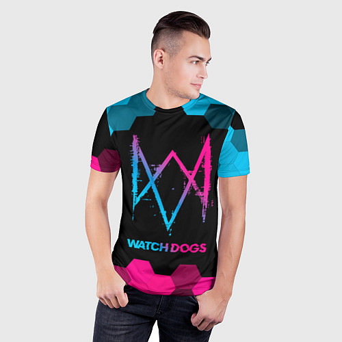 Мужская спорт-футболка Watch Dogs - neon gradient / 3D-принт – фото 3