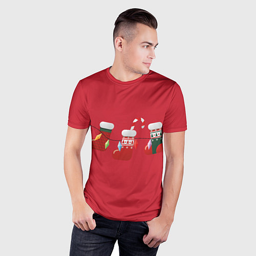 Мужская спорт-футболка Новогодняя композиция - Красный фон / 3D-принт – фото 3