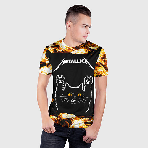 Мужская спорт-футболка Metallica рок кот и огонь / 3D-принт – фото 3