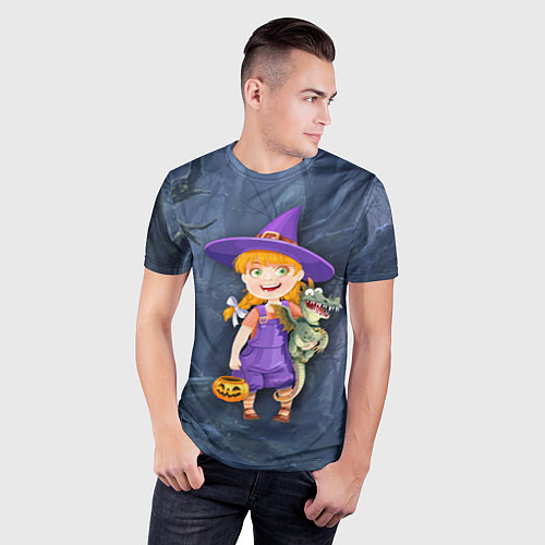 Мужская спорт-футболка Ведьма малолетка в тёмном лесу с дракончиком / 3D-принт – фото 3