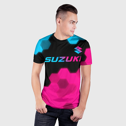 Мужская спорт-футболка Suzuki - neon gradient: символ сверху / 3D-принт – фото 3