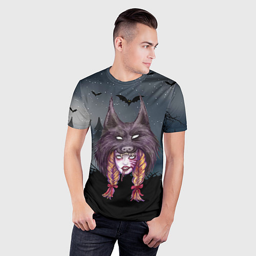 Мужская спорт-футболка Девушка в скальпеле волка / 3D-принт – фото 3