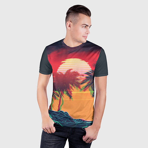 Мужская спорт-футболка Пальмы и пляж на закате с помехами VHS ретро дизай / 3D-принт – фото 3