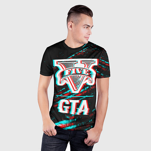 Мужская спорт-футболка GTA в стиле glitch и баги графики на темном фоне / 3D-принт – фото 3