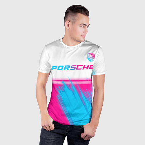 Мужская спорт-футболка Porsche neon gradient style: символ сверху / 3D-принт – фото 3