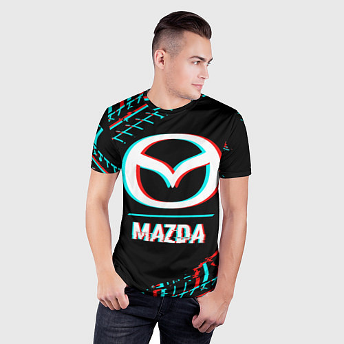 Мужская спорт-футболка Значок Mazda в стиле glitch на темном фоне / 3D-принт – фото 3
