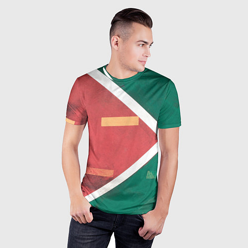 Мужская спорт-футболка Абстрактная красная и зелёная поверхность с линиям / 3D-принт – фото 3