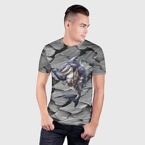 Мужская спорт-футболка Акула - опытный аквалангист / 3D-принт – фото 3
