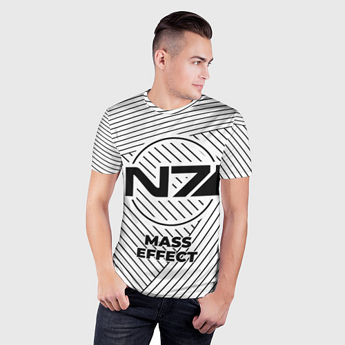 Мужская спорт-футболка Символ Mass Effect на светлом фоне с полосами / 3D-принт – фото 3