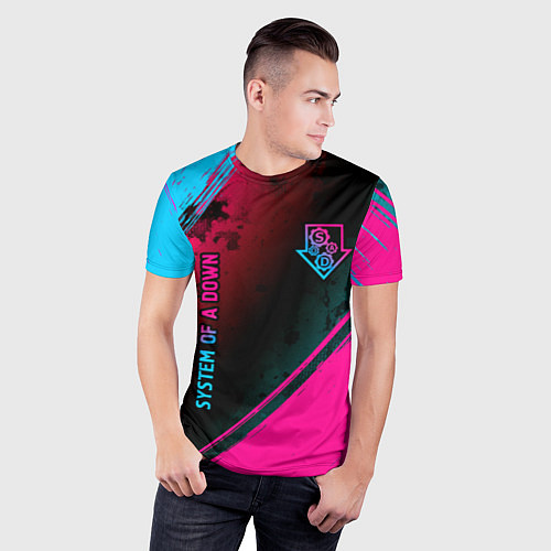 Мужская спорт-футболка System of a Down - neon gradient: надпись, символ / 3D-принт – фото 3