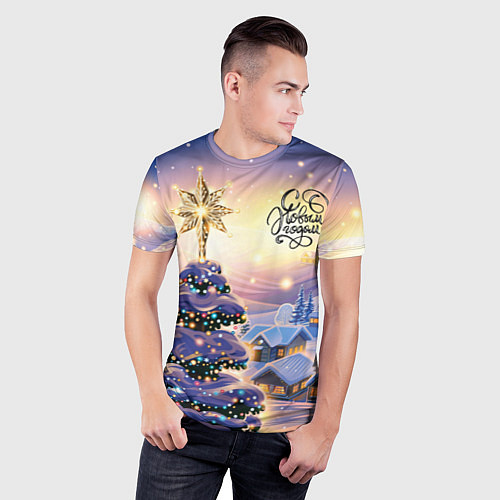Мужская спорт-футболка Новогодняя елочка в деревне / 3D-принт – фото 3