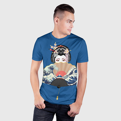 Мужская спорт-футболка Японская гейша с большим веером / 3D-принт – фото 3