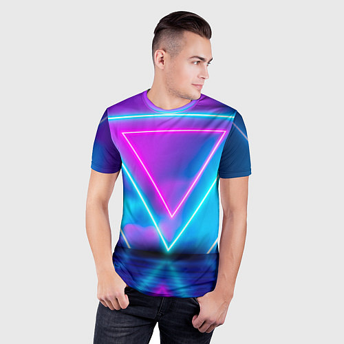 Мужская спорт-футболка Неоновые треугольники на горизонте / 3D-принт – фото 3