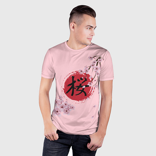 Мужская спорт-футболка Цветущая вишня с иероглифом cакура / 3D-принт – фото 3