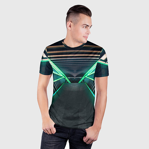 Мужская спорт-футболка Неоновые фонари на космическом коридоре / 3D-принт – фото 3