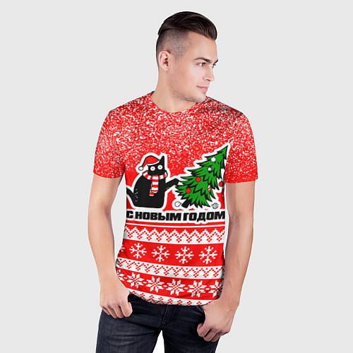 Мужская спорт-футболка С новым годом - котик и ёлка / 3D-принт – фото 3