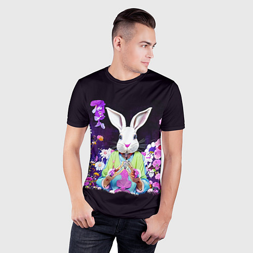 Мужская спорт-футболка Кролик в цветах на черном фоне / 3D-принт – фото 3