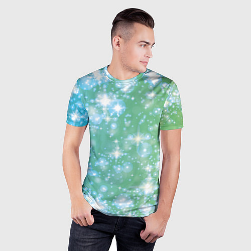Мужская спорт-футболка Сияющие серебряные блестки на зелено-голубом фоне / 3D-принт – фото 3