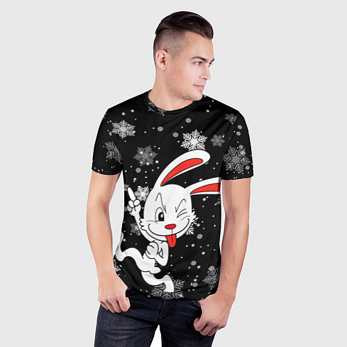 Мужская спорт-футболка Подмигивающий кролик в снежинках / 3D-принт – фото 3