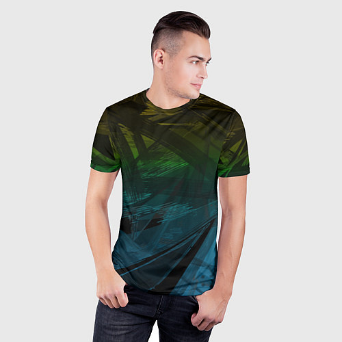 Мужская спорт-футболка Черный абстрактный узор на сине-зеленом фоне / 3D-принт – фото 3