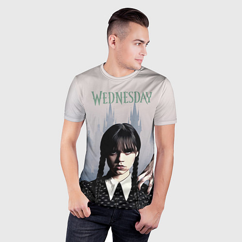 Мужская спорт-футболка Уэнсдей Аддамс и рука на фоне замка / 3D-принт – фото 3