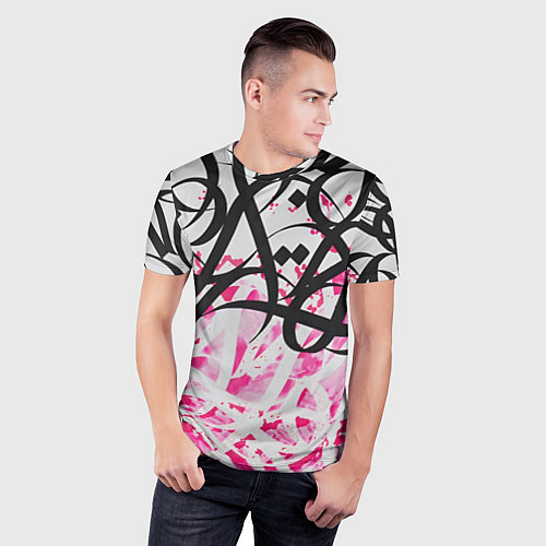 Мужская спорт-футболка Черно-розовая каллиграфия / 3D-принт – фото 3