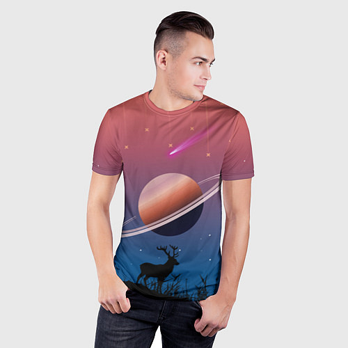 Мужская спорт-футболка Сатурн на фоне падающих звезд и кометы / 3D-принт – фото 3