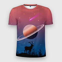 Футболка спортивная мужская Сатурн на фоне падающих звезд и кометы, цвет: 3D-принт