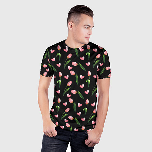 Мужская спорт-футболка Тюльпаны и сердечки на черном - паттерн / 3D-принт – фото 3