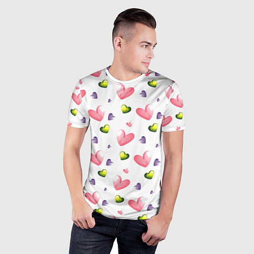 Мужская спорт-футболка Акварельные сердечки - паттерн / 3D-принт – фото 3