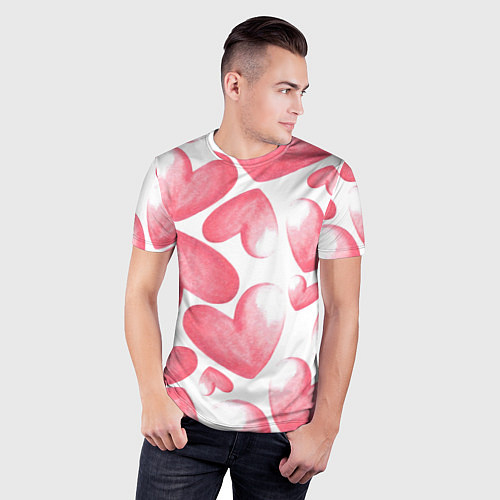 Мужская спорт-футболка Розовые акварельные сердца - паттерн / 3D-принт – фото 3