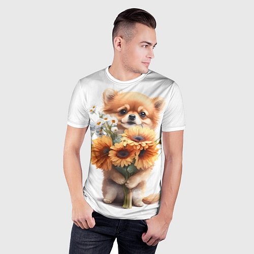 Мужская спорт-футболка Милый щенок с подсолнухами и ромашками / 3D-принт – фото 3