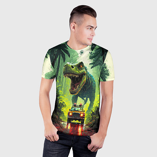 Мужская спорт-футболка Динозавр в погоне за машиной в джунглях / 3D-принт – фото 3