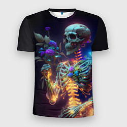 Футболка спортивная мужская Светящийся скелет с цветами, цвет: 3D-принт
