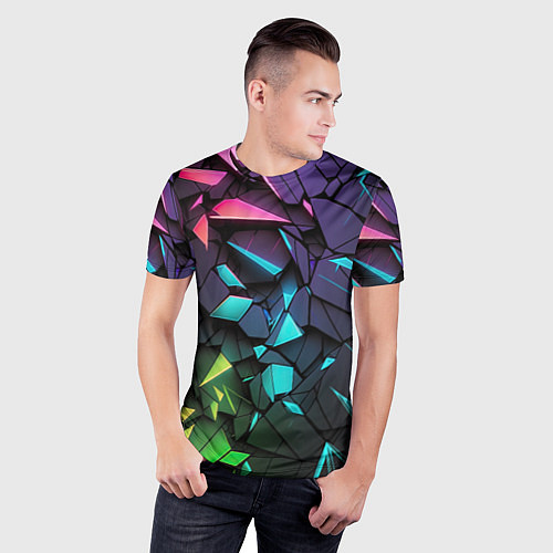 Мужская спорт-футболка Неоновые абстрактные каменные плиты / 3D-принт – фото 3