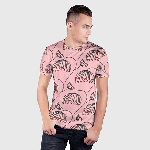 Мужская спорт-футболка Цветы в стиле бохо на пудрово-розовом фоне / 3D-принт – фото 3
