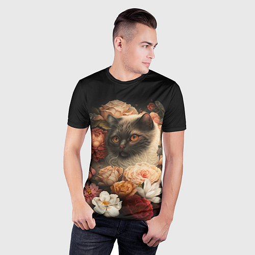 Мужская спорт-футболка Милый котик окружённый цветами / 3D-принт – фото 3