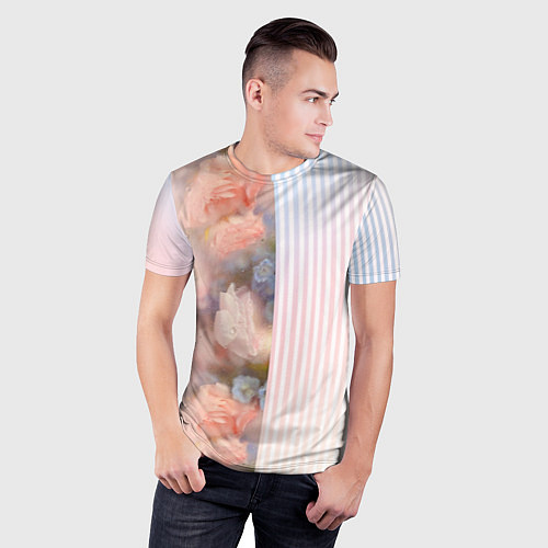 Мужская спорт-футболка Цветы за стеклом - полосы с градиентом / 3D-принт – фото 3