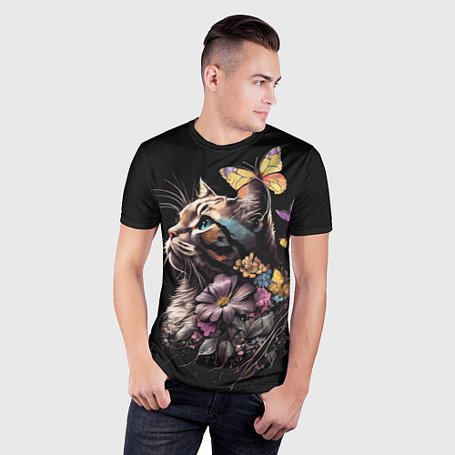 Мужская спорт-футболка Голубоглазый кот в цветах / 3D-принт – фото 3
