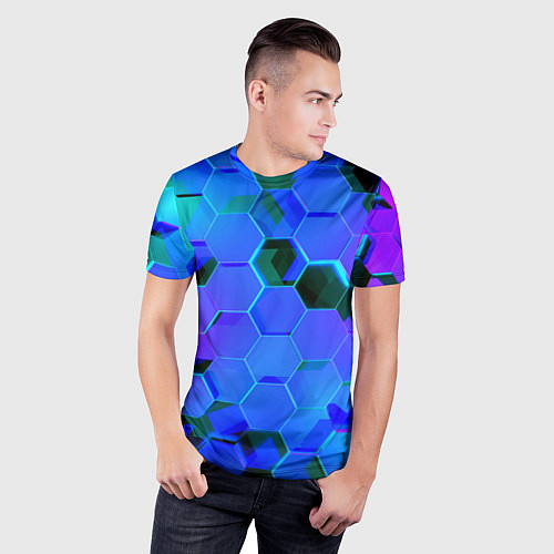 Мужская спорт-футболка Неоновые соты - модный паттерн / 3D-принт – фото 3