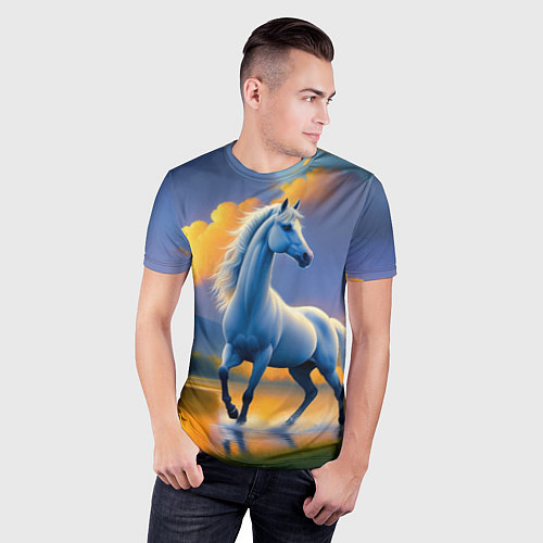 Мужская спорт-футболка Белая лошадь на рассвете / 3D-принт – фото 3