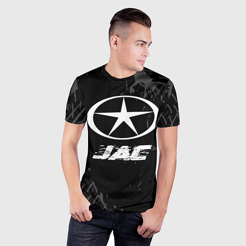 Мужская спорт-футболка JAC speed на темном фоне со следами шин / 3D-принт – фото 3