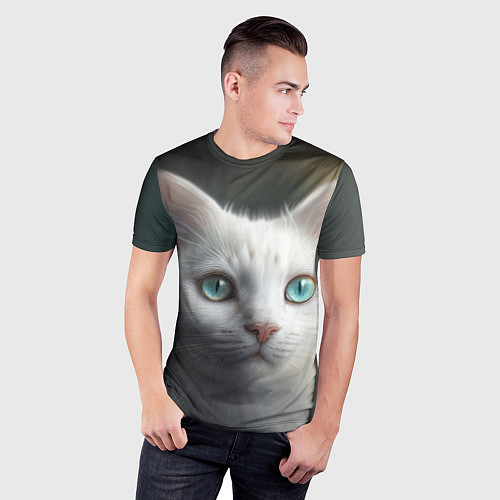 Мужская спорт-футболка Милый белый кот с голубыми глазами / 3D-принт – фото 3
