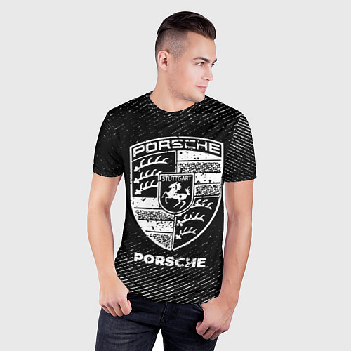 Мужская спорт-футболка Porsche с потертостями на темном фоне / 3D-принт – фото 3