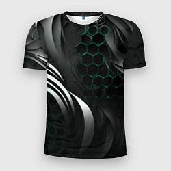 Футболка спортивная мужская Объемные бирюзовые плиты и черные линии, цвет: 3D-принт